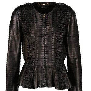 Gucci Black Leather Ruffle Jacket, size 42 NWOT